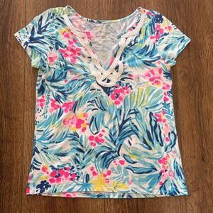 Lilly Pulitzer Top Womens S Brewster Serene Blue Tippy Tropical Resort Cruise‎